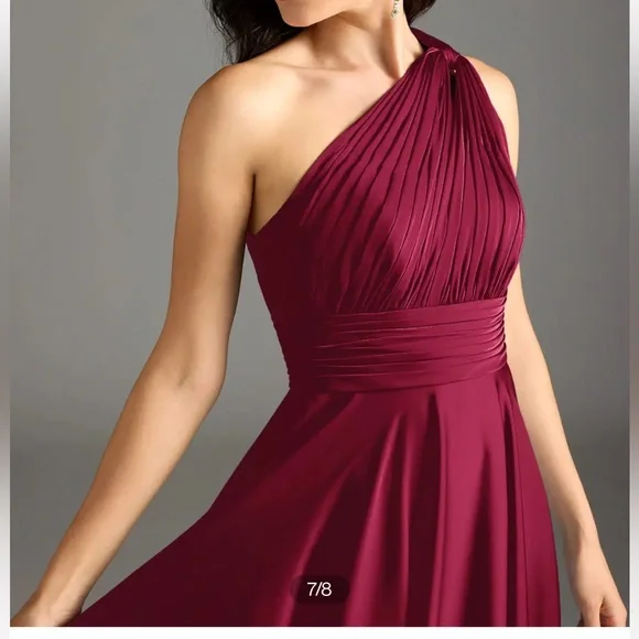 Burgundy A-Line One Shoulder Stretch Satin Dress - Picture 9 of 10